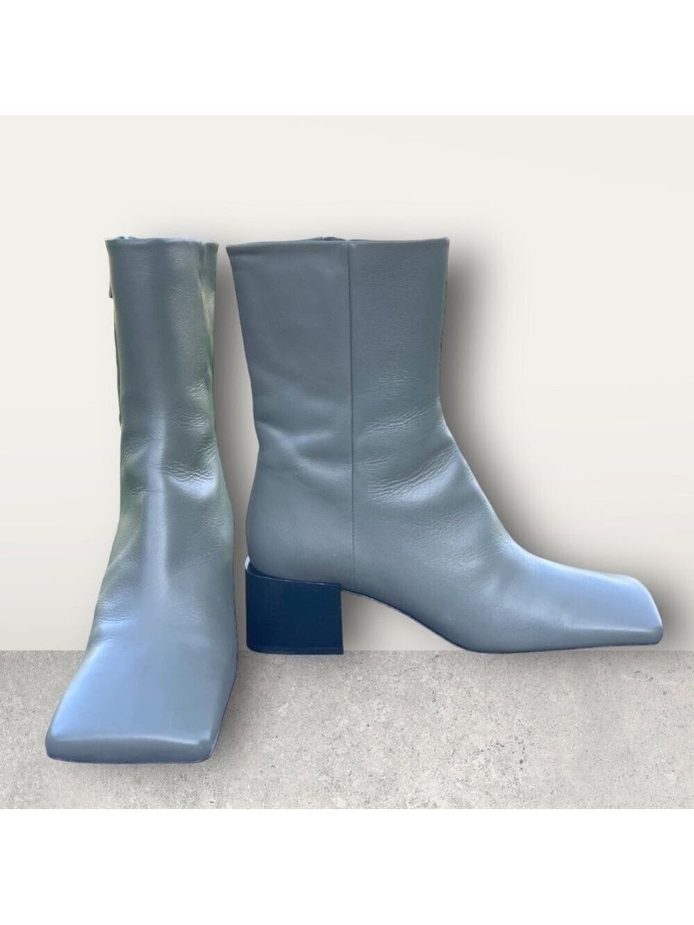 ZARA women’s leather booties boots square toe, mid heel green Sz 39